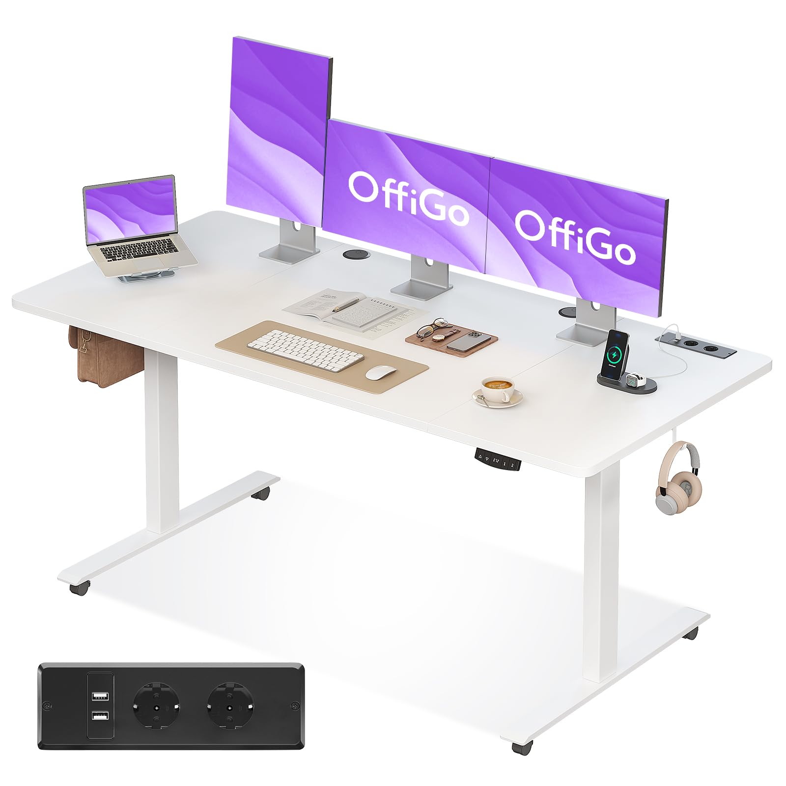 OffiGo Escritorio Elevable, 160cm, Mesa Elevable Escritorio con Carga USB, Mesa Regulable Altura con 2 Memorias, Escritorio Elevable para Oficina, Casa, Juegos, Blanco The Forest Stewardship Council