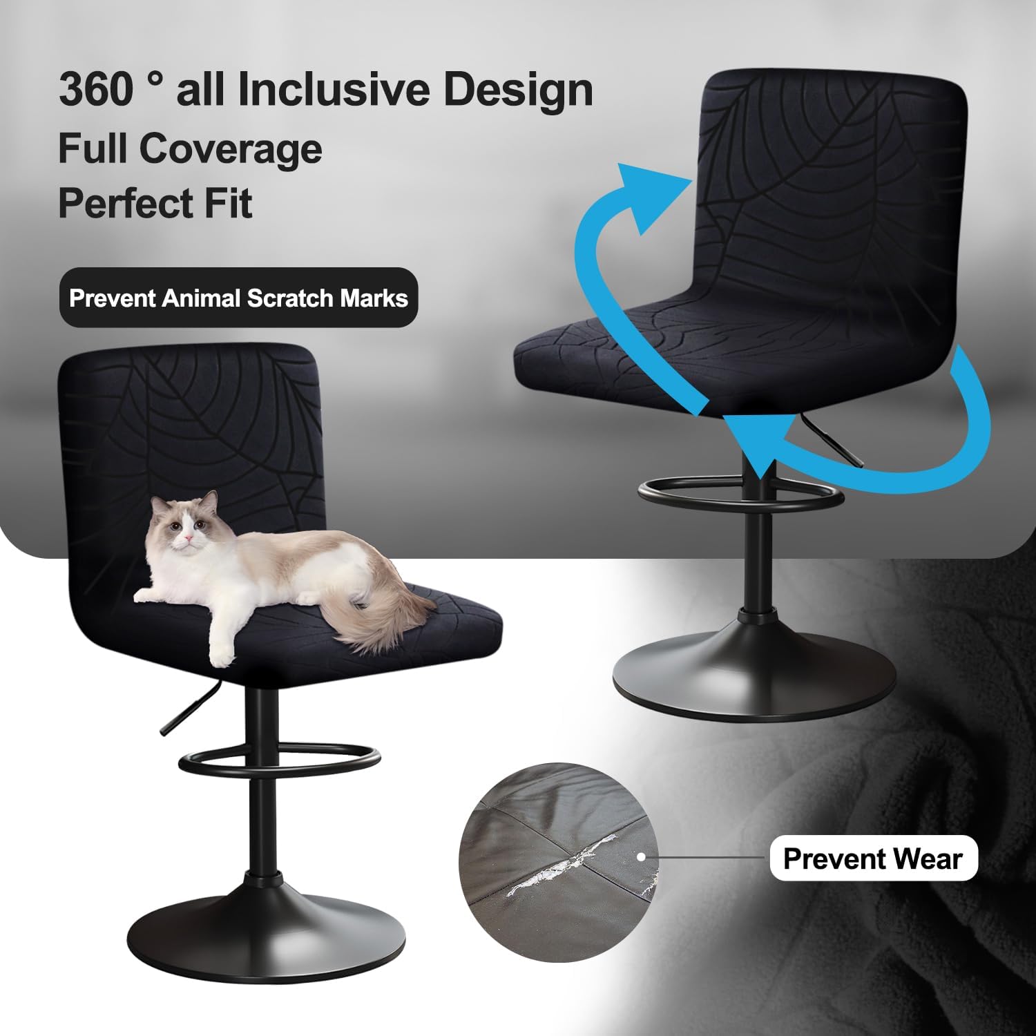 Bar Stool Covers with Back Bar Stools Slipcovers with Backrest Very Soft Elastic and Easy to Install Wrinkle Resistant, Washable, Dustproof (4, Black)