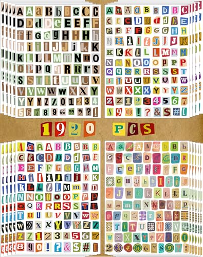 1920pcs Scrapbook Letter Stickers Ransom Vintage Junk Journal Stickers Numbers Alphabet Stickers for Scrapbooking Supplies 20 Sheets