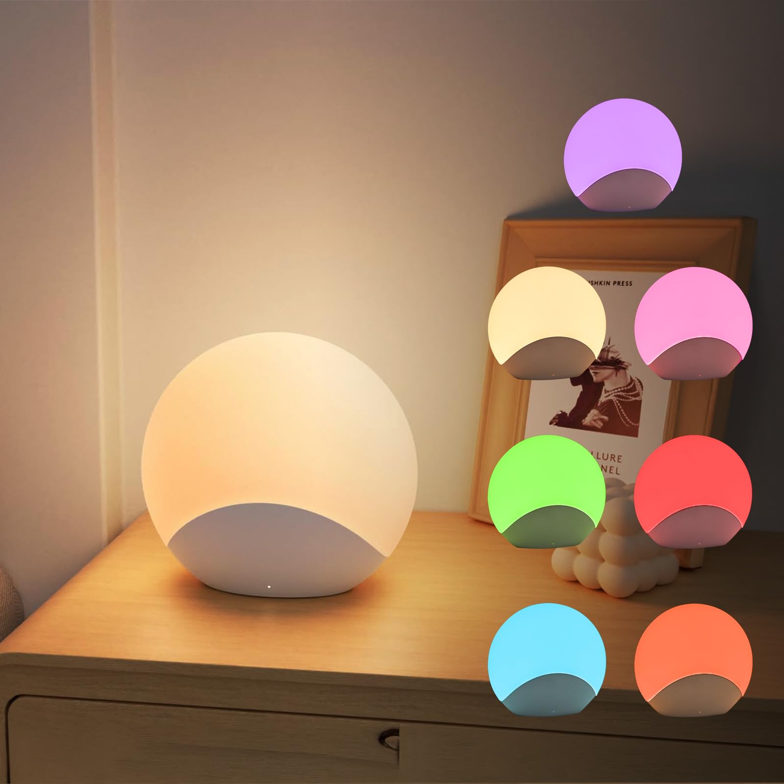 Luce notturna morbida con 8 cambi di colore e timer, intensità regolabile con semplice tocco, lampada da comodino a LED RGB ricaricabile per la cameretta dei bambini, senza BPA e rispettosa
