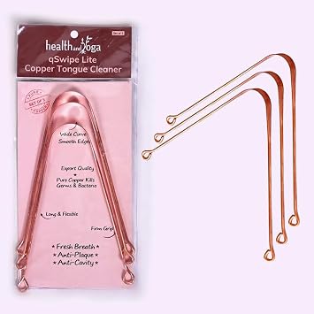HealthAndYogaTM qSwipe Lite Copper Tongue Cleaners Pack of 3 Prevents Bad breath, Improves taste- Flexible, Curved ends provide good grip Complete Oral Care/Hygiene for Travel/Office/Home