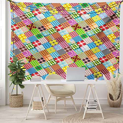 Lunarable Geometric Tapestry Twin Size, Jumble Motley Pattern With Checks Colorful Plaid Tartan And Nailstooth Cells, Wall Hanging Bedspread Bed Cover Wall Decor, Twin Size, Green Pink #TOP6