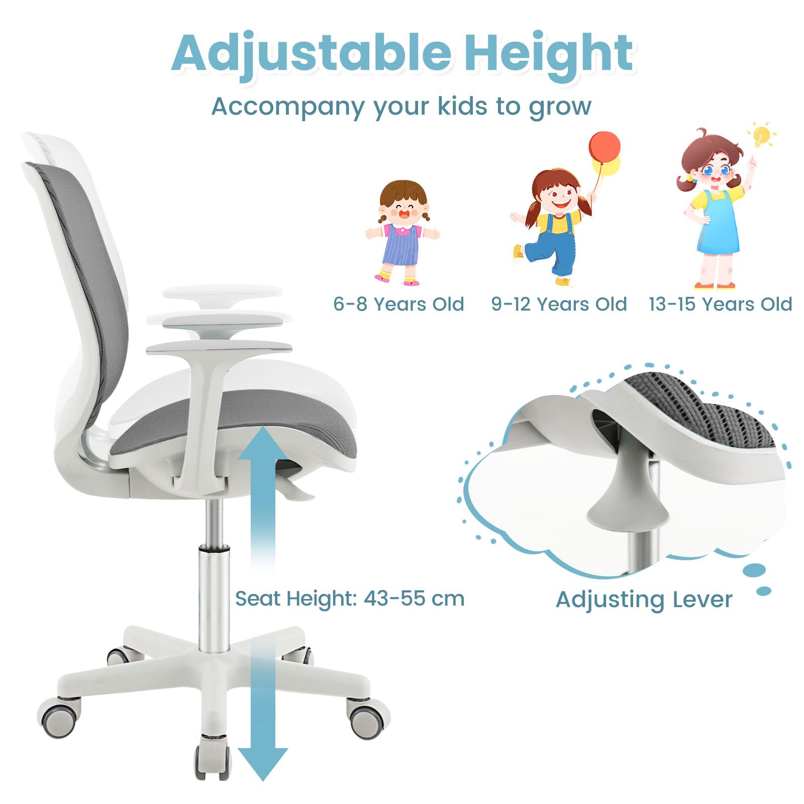 LIFEZEAL Wyściełane krzesło biurkowe dla dzieci, obrotowe krzesło do biurka z regulacją wysokości od 80 do 92 cm, ergonomiczne krzesło dziecięce do nauki, maks. 75 kg (kolor szary)