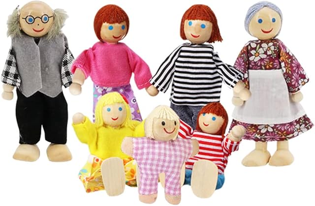 Lifreer Dolls Family Set Dolls Houses People, Sets of 7 People Wooden Family Doll Toys Dolls House Accessories for Doll House Kids Children Toy, House Family Furniture Miniature