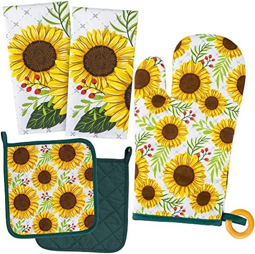 KOALAND Cute Sunflower Kitchen Towels 5 Piece Linen Set, 2 Oversized Tea Towels 2 Pot Holders 1 Oven Mitt, 100-percent Cotton Sunflower Decorative Dish Towels, Floral Pot Holders, Sunflowers Decor