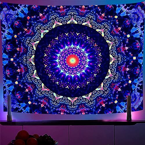 OSVINO Schwarzlicht Trippy Wandteppich Mandala 150X200CM UV-reaktiv Fantasie Tapisserie Ästhetisches Wanddeko für Wohnzimmer Schlafzimmer Boho Wandbehang