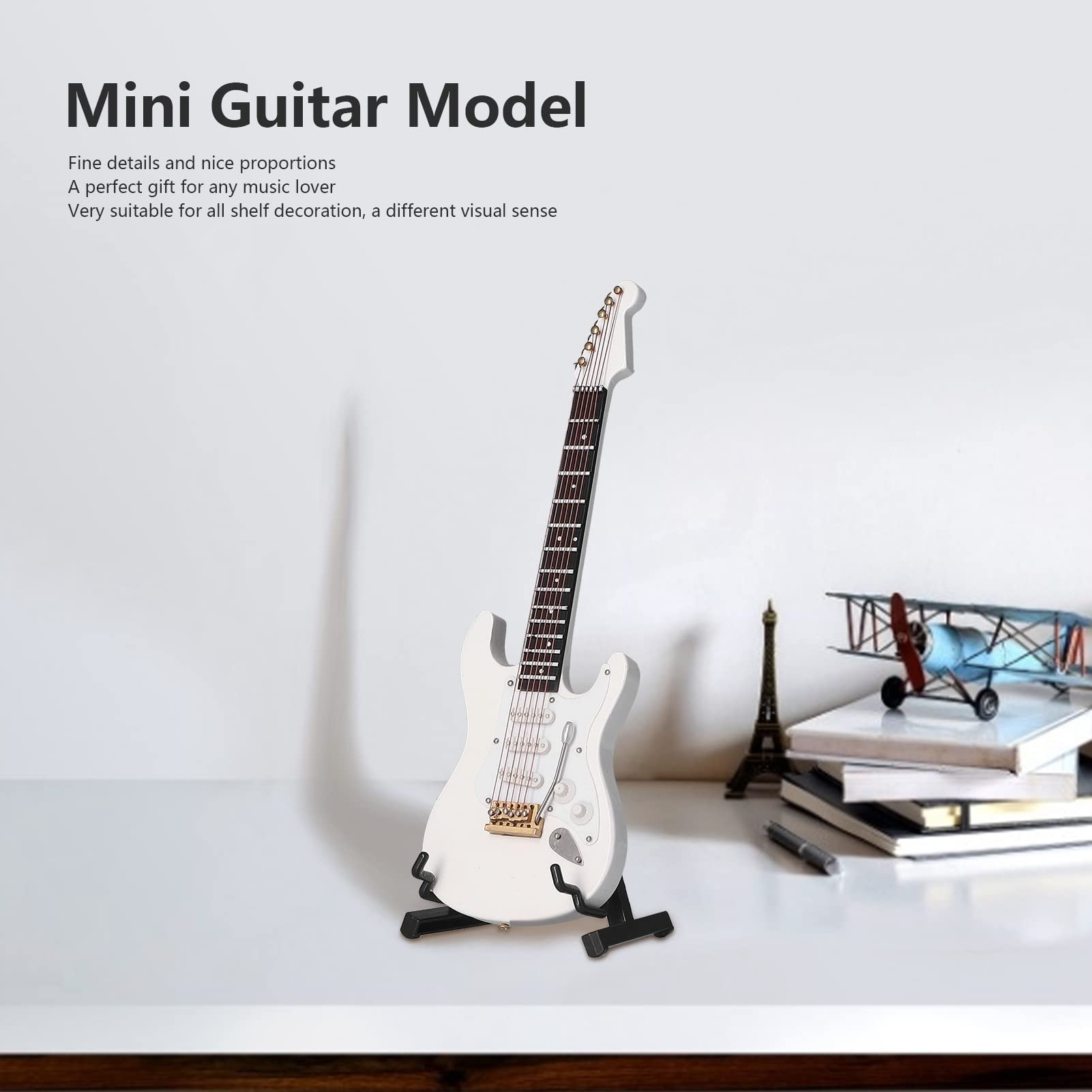 FUZHUI Miniature Electric Guitar, Mini Guitar Model, Mini Electric Bass Guitar Model, Ornament with Stand, for Music Lovers and Home Decoration (White, 7x2.2in)
