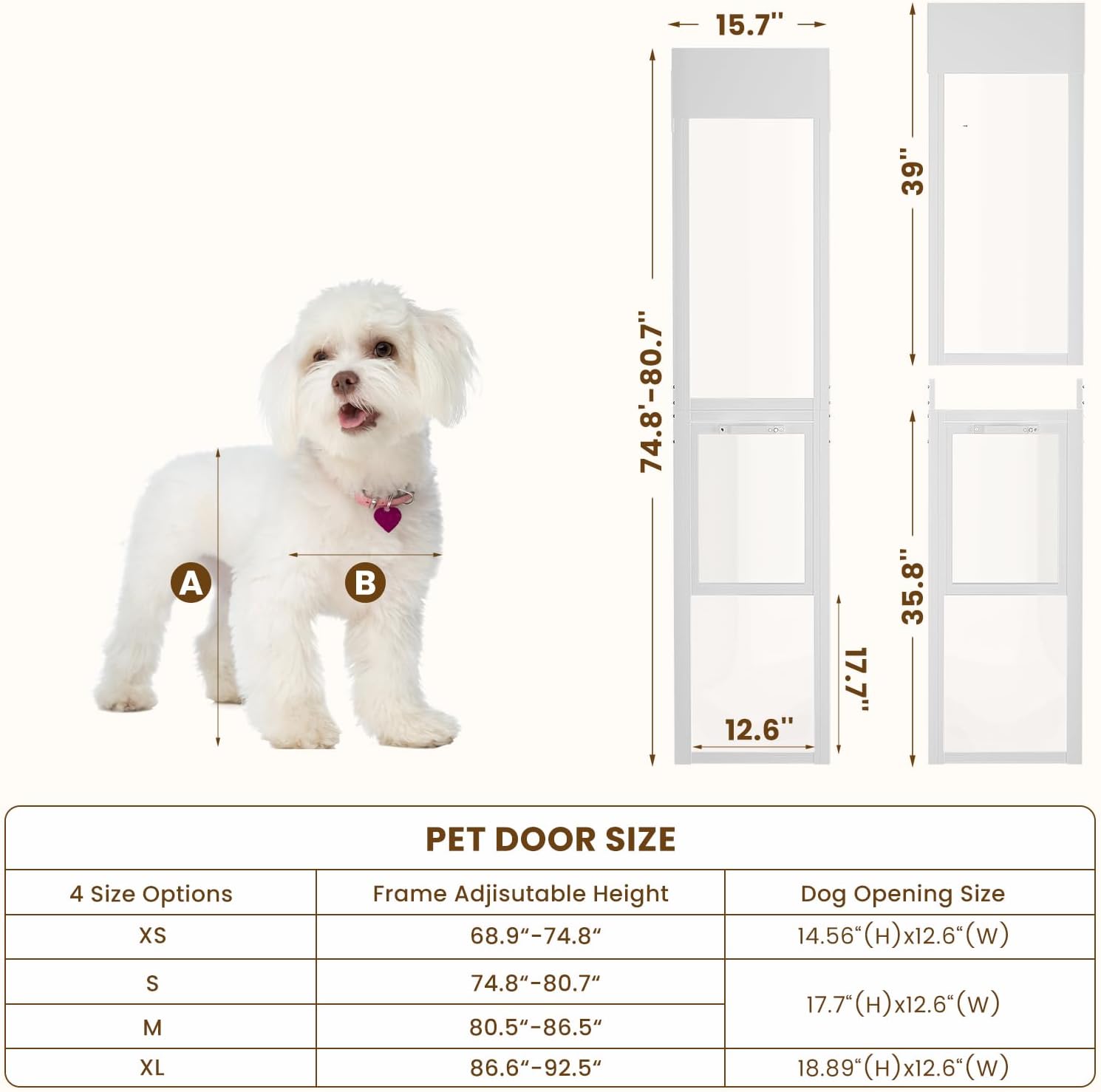 Slsy Dog Door for Sliding Glass Doors, Adjustable 74.8" to 80.7", No-Cut Easy Install, Insert Lockable Pet Sliding Doggy Door,S