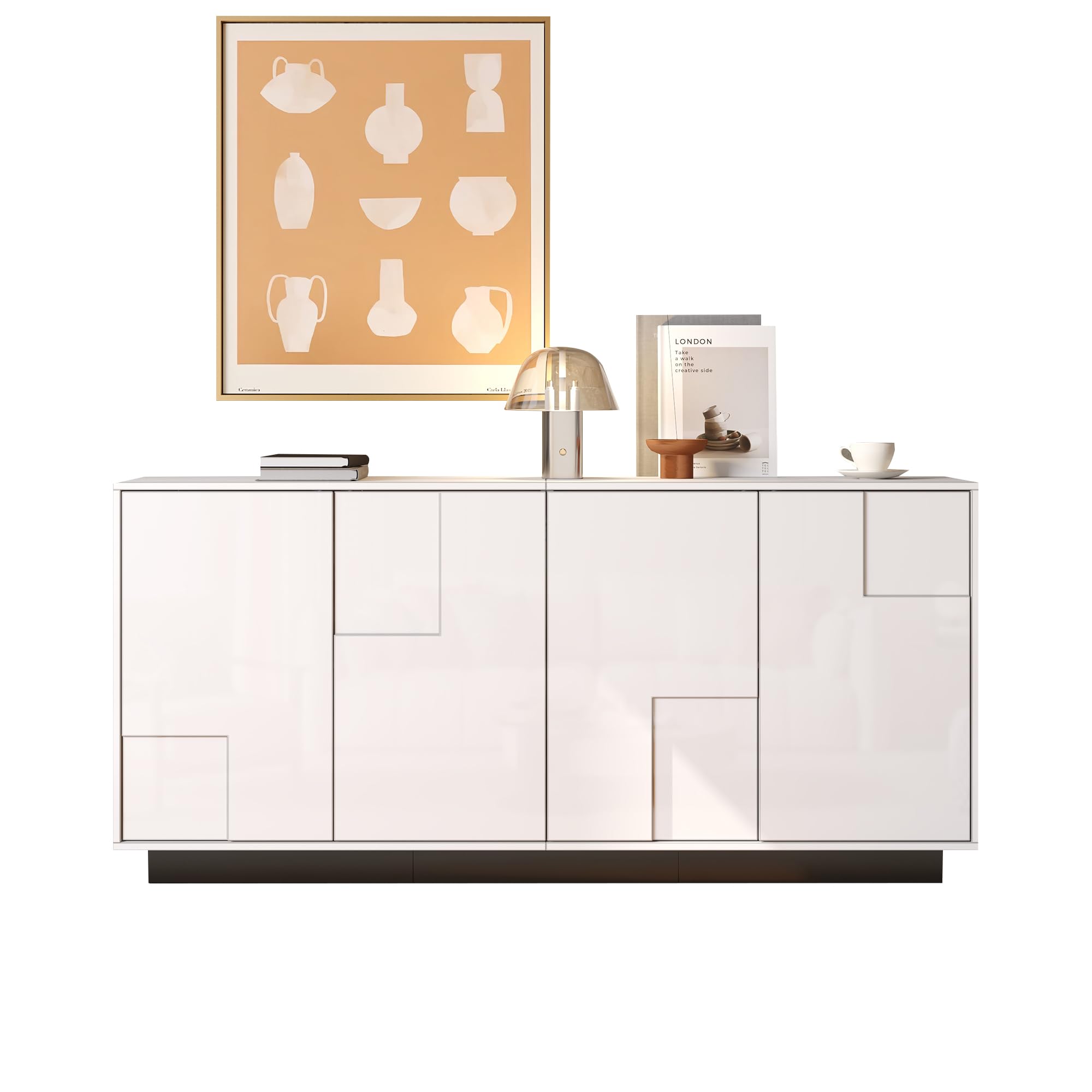 Szafka do salonu, 160 x 37 x 75,5 cm, z 4 drzwiami. Szafka pod wysoki połysk, szafka pod umywalkę o geometrycznym kształcie, duża przestrzeń do przechowywania, schemat kolorów w kolorze białym