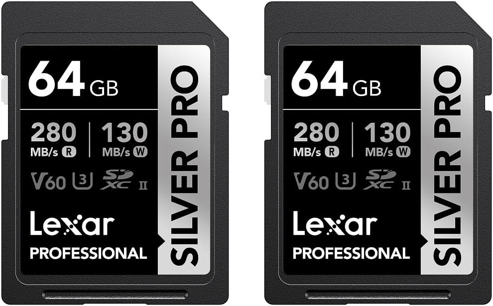 Lexar Silver PRO 2x64GB SD Card, UHS-II SD Memory Card, V60, U3, C10, Read up to 280MB/s, Write 130MB/s, SDXC Card for DSLR/Camera/Photographer/Videographer(LSDSIPR064G-B2NAA)