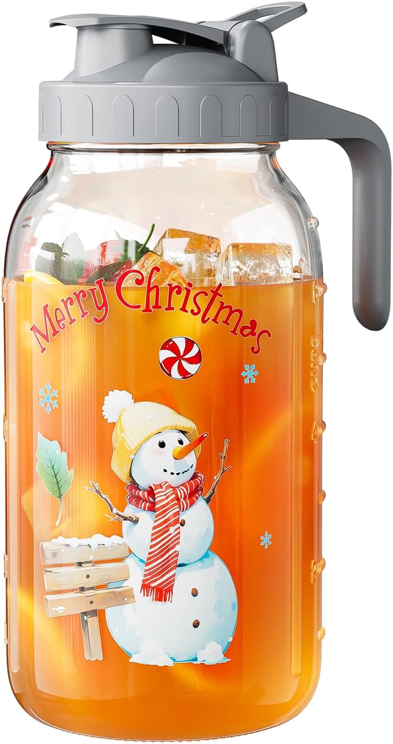 Christmas Elements 64 oz Glass Pitcher with Lid, Heavy Duty Wide Mouth Sun Tea Pitcher with Pour Spout, Mason Jar Airtight Seal for Freshness and Convenience, Great for Cold Beverages, Breast Milk