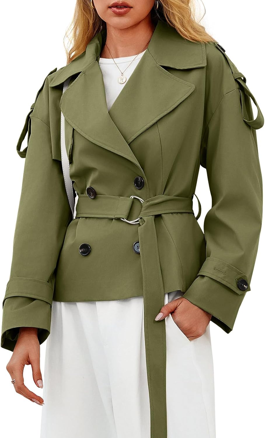 Tankaneo Womens Cropped Trench Coat Casual Double Breasted Short Jacket Fall Fashion Outerwear with Belt - Image 2