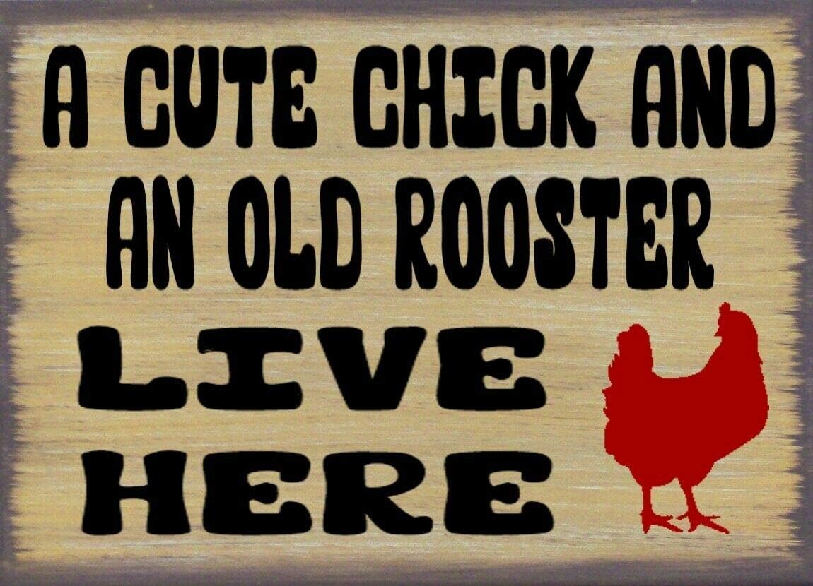 OSZLES A Cute Chick & an Old Rooster Live Here Rustic Metal Tin Sign Retro Kitchen Garden Restaurant Farm Shopping Center Park Man Cave Farm Wall Decoration Iron Painting Metal Plate 8x12inch