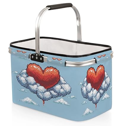 Kizmoglux Heart Pixel Collapsible Market Basket, Foldable Picnic Basket - Large Shopping Basket with Handles, Portable Folding Bag for Shopping Camping Picnic