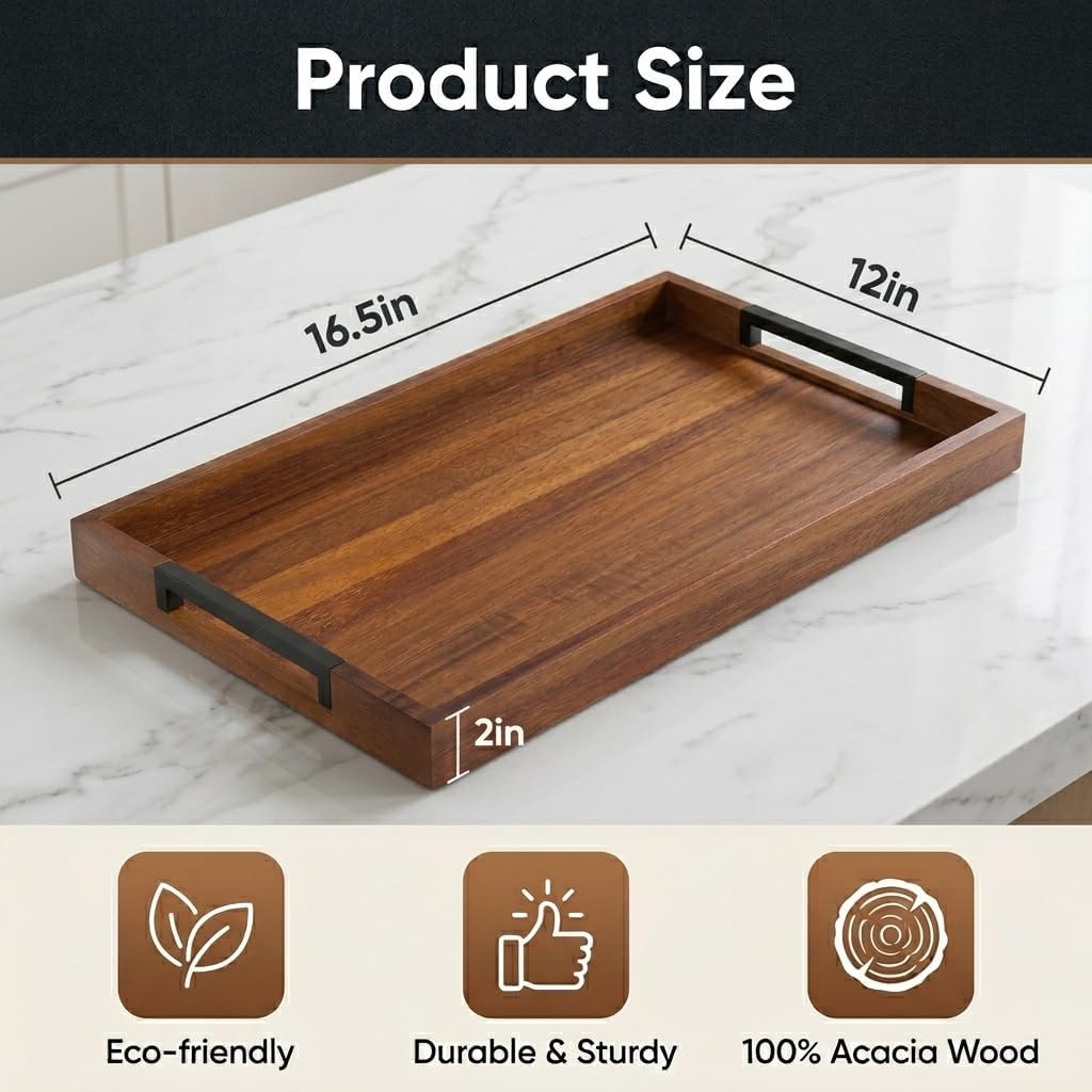 Acacia Wood Serving Tray with Handles, Large Wooden Ottoman & Coffee Table Tray 16.5"x12" with 2 Silicone Mats – Decorative Wooden Serving Tray for Breakfast in Bed, Kitchen, Bar & Home Décor