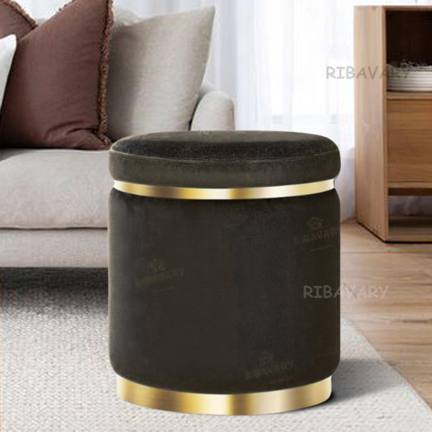 Velvet Luxurious Sitting Stool for Bedroom & Living Room, Sofa Side Stool, Wooden Small Ottoman Footrest Stool, Makeup Chair, Pouf for Office & Home Decoration (Drum, Black 1)-image-42