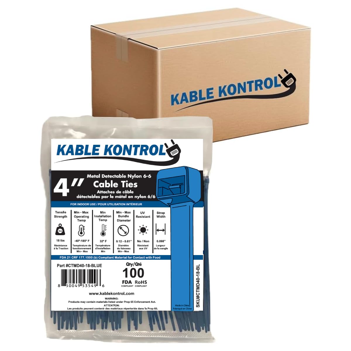 Kable Kontrol Metal Detectable Blue Zip Ties 40,000 Pcs 4 Inch, 18 Lbs Tensile Strength, Bulk Pack, Iron Infused Self-Locking Industrial Cable Ties