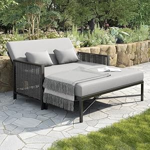 Merax Gartensofa, Outdoor Sonnenliege mit verstellbare Rückenlehne (5-stufig, 0-65°), Gartenlounge mit versenkbare Fußstütze, für Balkon, Terrasse, Garten, Grau