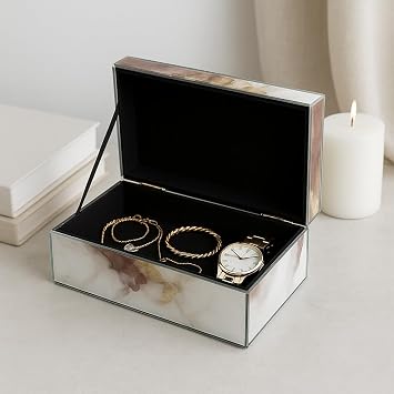Glam Jewelry Box MDF Wooden Storage Box, Jewelry and Keepsake Organizer, Shelf & Tabletop Decor Contemporary Decoupage Design, Decorative Storage Home Decor 8x5x3, White & Gold