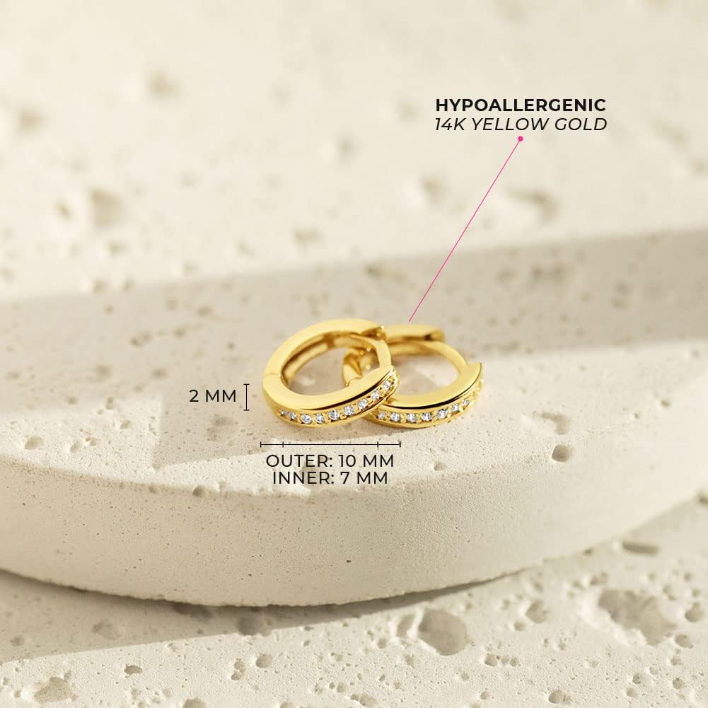 14k Yellow Gold Small Clear Cubic Zirconia Huggie Hoop Earrings For Little Girls 7mm - Classic 14k Gold Earrings For Girls With Clear CZ - Everyday Lightweight Huggie Hoop Earrings