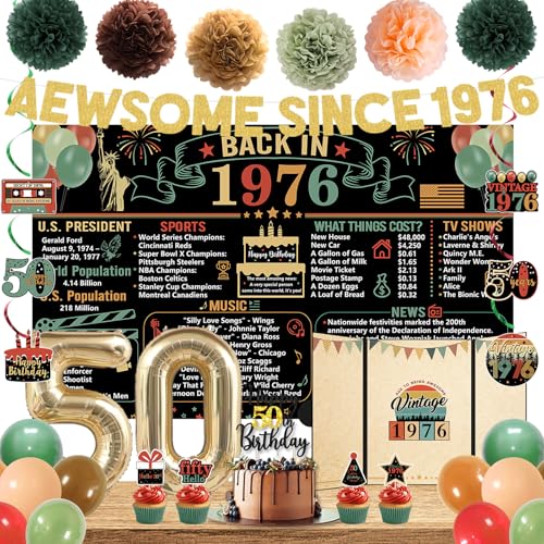 Trgowaul Colorful Back in 1976 Birthday Decorations for Men Women, 50th Bday Party Supplies, 50th Birthday Signature Guest Book, Vintage Back in 1976 Backdrop Banner, Cheers to 50 Years Old Decor by Trgowaul - Used condition - US$20.92