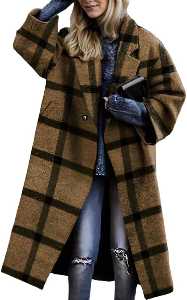 Women's Casual Floral Notched Lapel Button Down Long Woolen Coat Oversized Long Sleeve Jacket Outwear with 2 Pockets