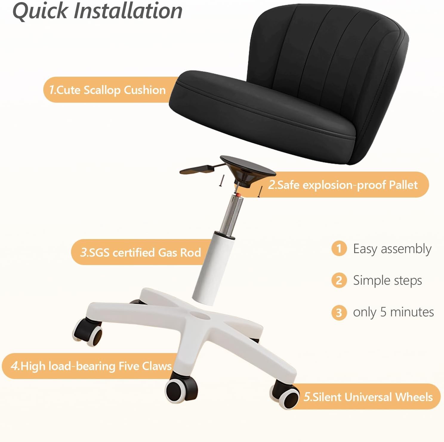 Silla de escritorio, bonita silla de tocador giratoria sin brazos de cuero PU, cómodas sillas de oficina para computadora con altura ajustable para el dormitorio
