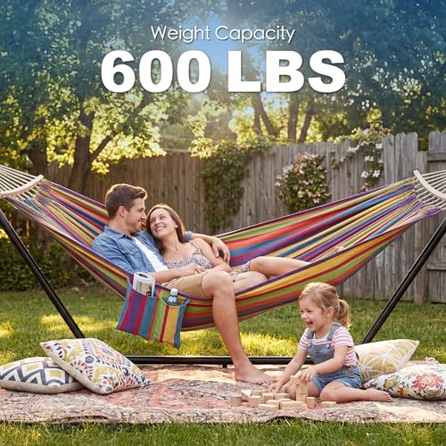 Image of GAFETE Double Hammocks with Stand for Outside, Max 600lbs, (Classic Red) | Upgraded Spreader Bar, 9FT Heavy Duty & Space Saving Stand, Easy Assemble, Convenient Side Pocket, Indoor & Outdoor, Patio