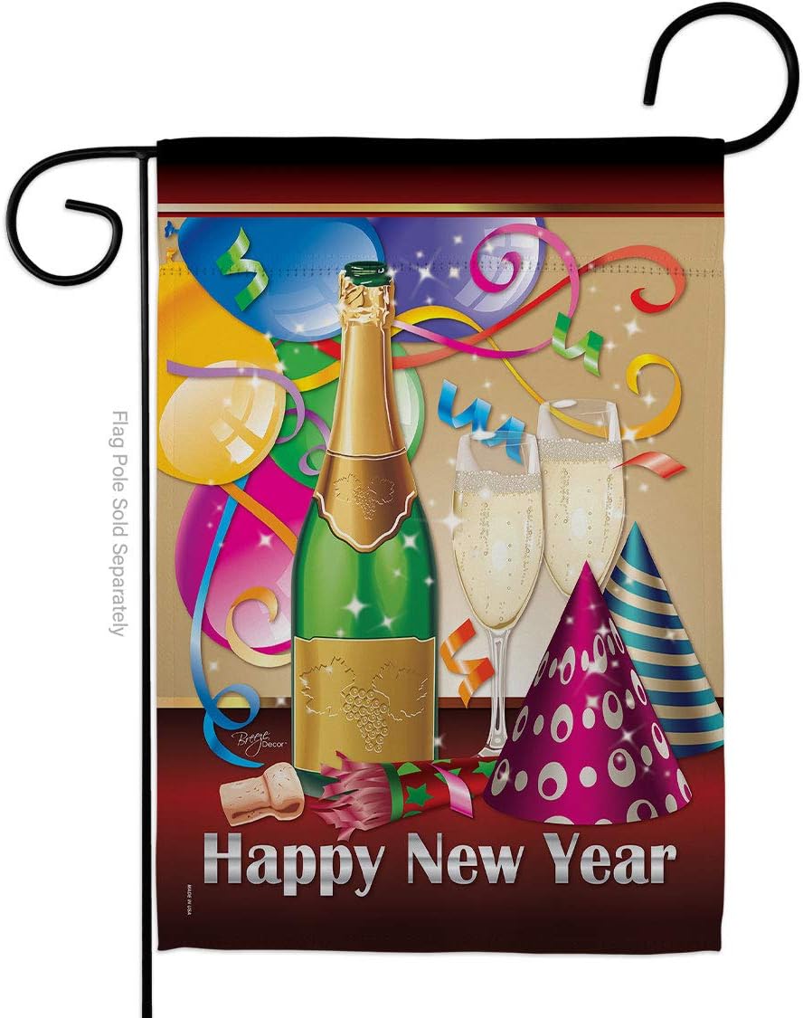Happy New Year Garden Flag Set Wall Holder Clock Countdown Champagne Party Fireworks Celebrate Small Decorative Gift Yard House Banner Double-Sided Made In USA 13 X 18.5