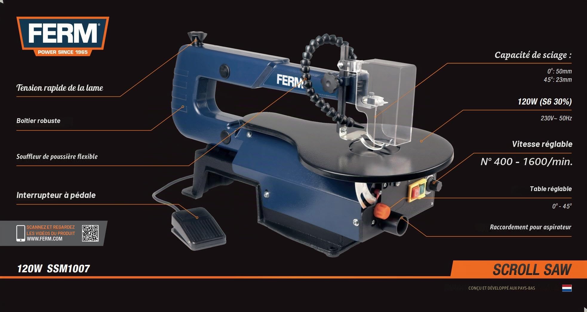 FERM Scie à chantourner 120 W – Interrupteur à Pied – réglable – avec 3 Lames de Scie Différentes, Noir, SSM1007