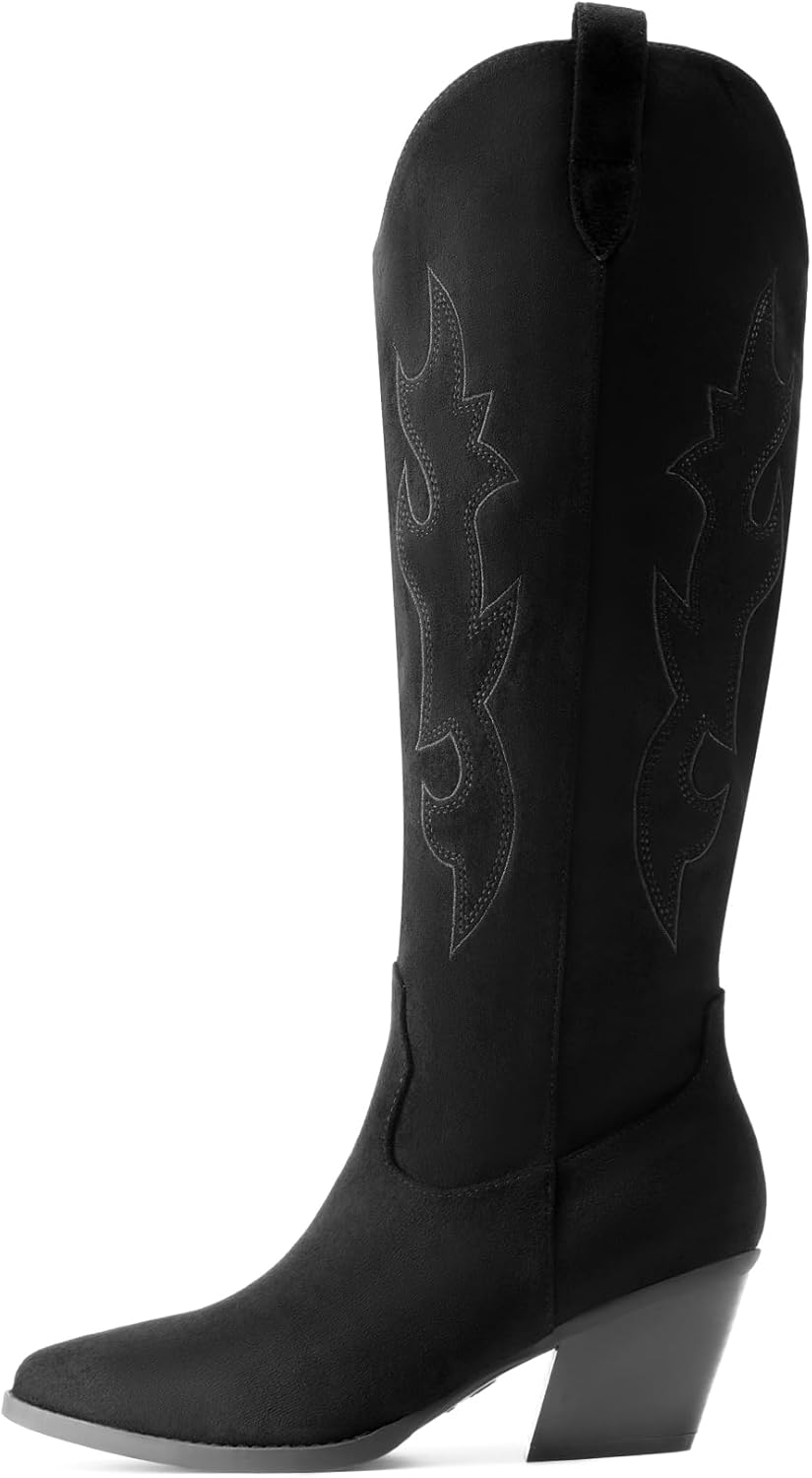DREAM PAIRS Cowgirl Boots Women Knee High Cowboy Boots Pointed Toe Chunky Block Heel Suede Tall Western Boots with Embroidered - Image 4