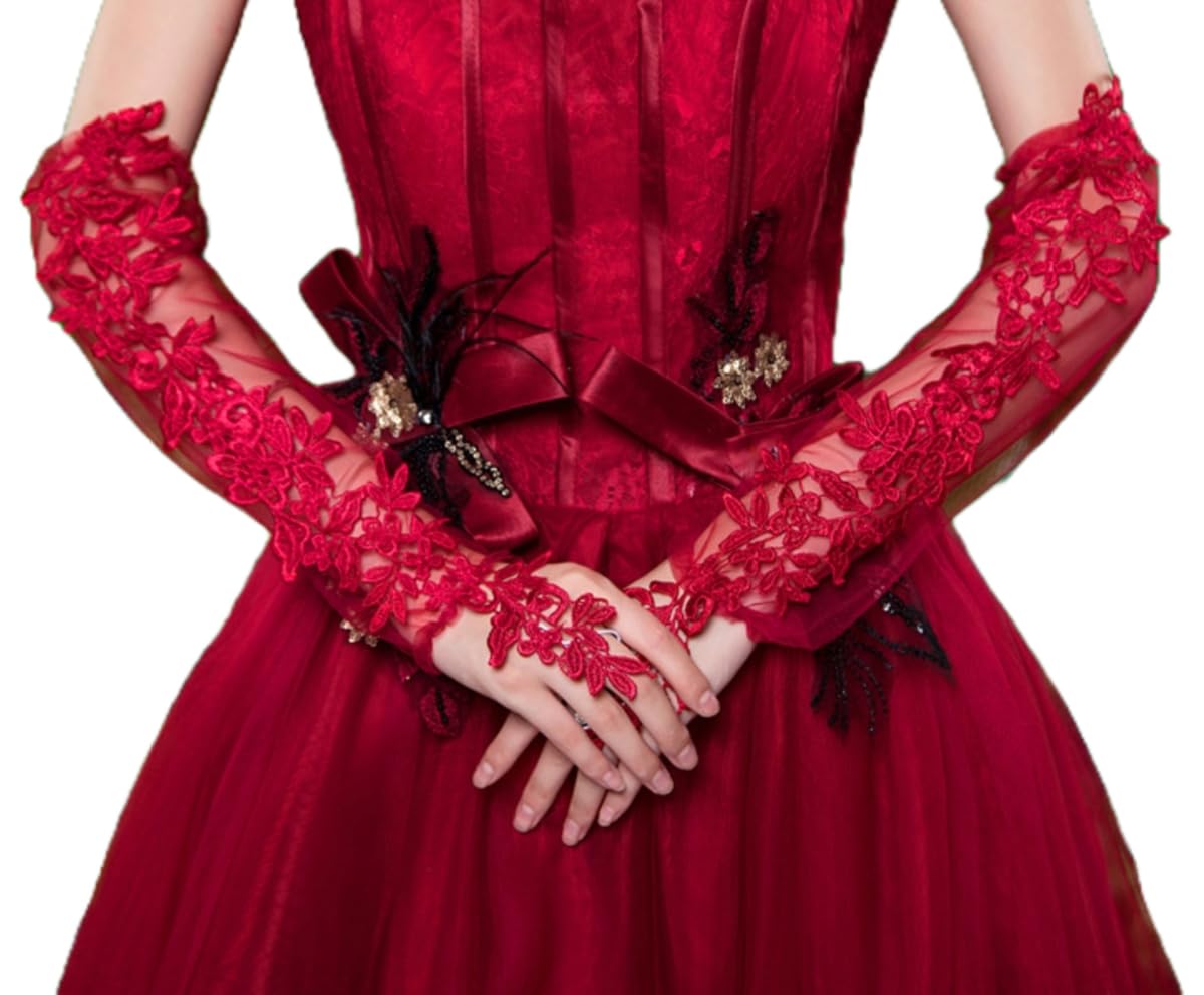 Bridal Lace Gloves, Floral Embroidered, Elbow Length, Available in Black, White, Red