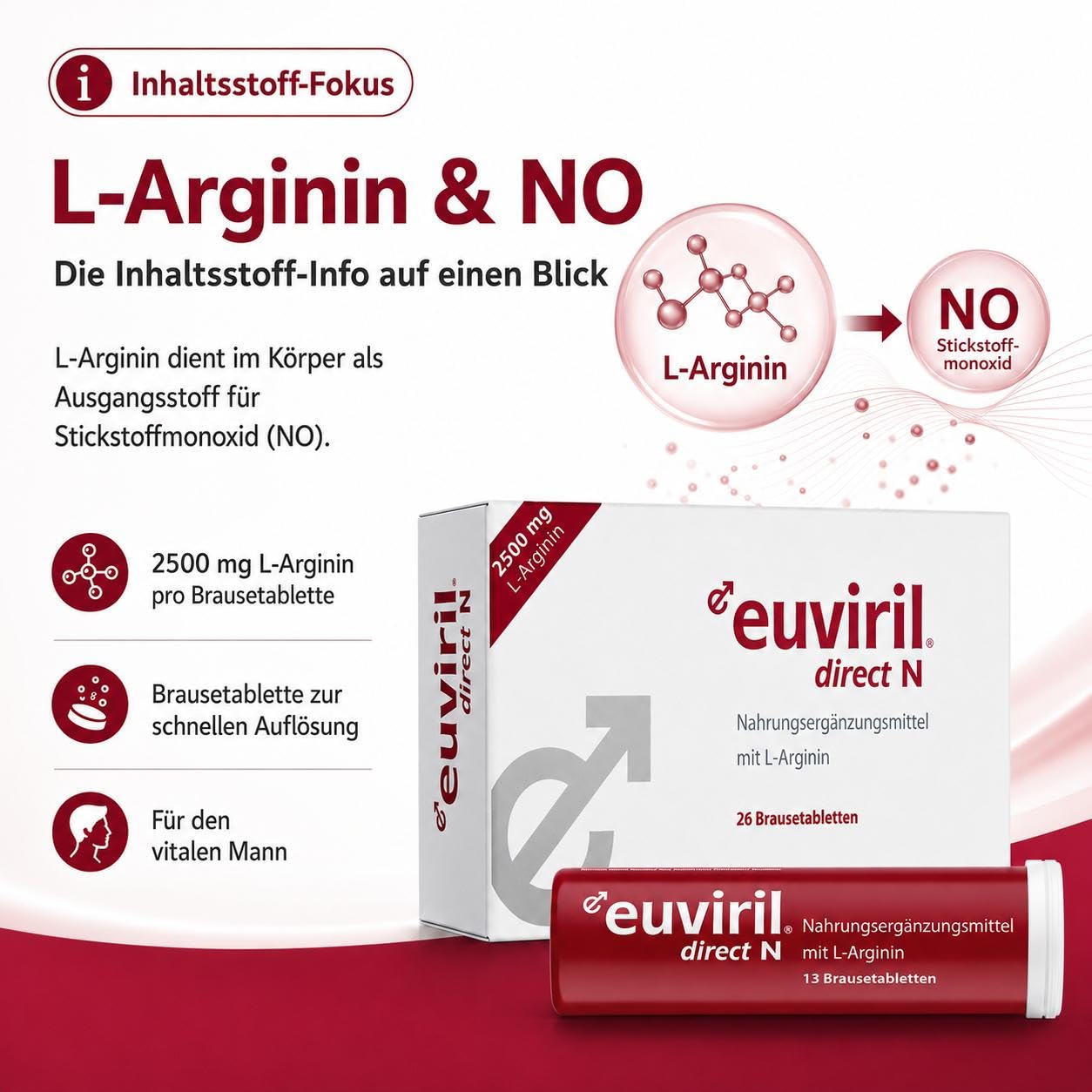 direct N – Hochdosiertes L-Arginin (2500mg) Brausetabletten für den Mann – Zur gezielten Unterstützung bei Bedarf – Schnelle Aufnahme & gute Verträglichkeit – 26 Brausetabletten