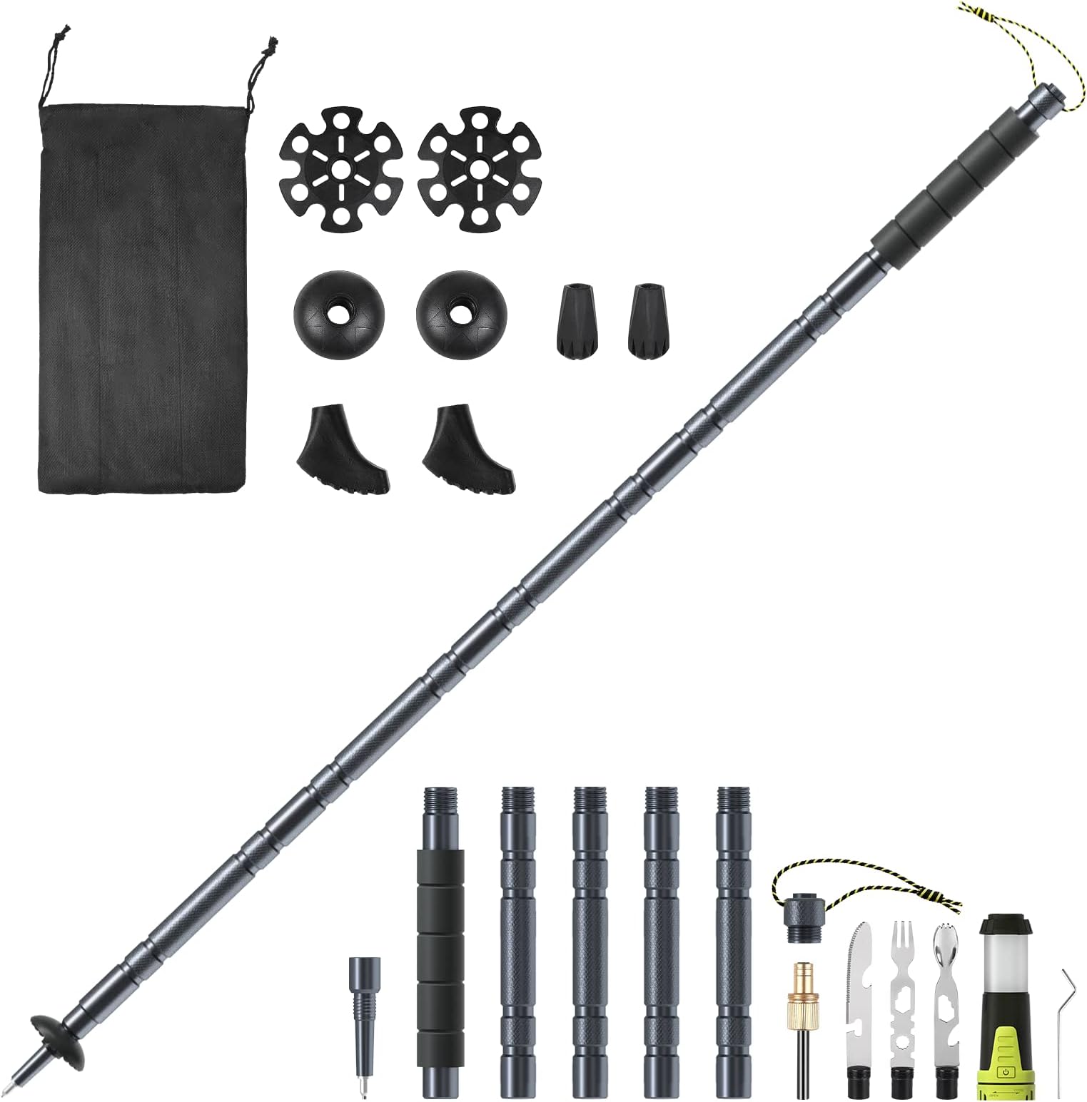 ITOKEY 17-in-1 Multitool Trekking Pole, Survival Hiking Walking Gear with Replaceable Baskets, Sand Rubber Tip, Flint Fire Starter Kit, Camping Lantern, Magnet, Can/bottle Opener, Whistle, Wrench