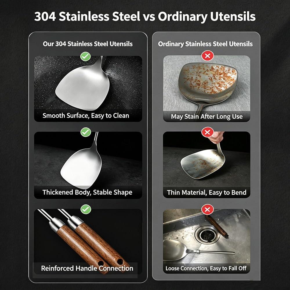 Set di 6 Utensili da Cucina in Acciaio Inox 304 con Supporto Girevole E Manici in Legno Massello Termoisolanti (Spatole, Mestoli, ECC.) per La Cucina di Casa