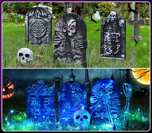Sinranac 3 Pcs Halloween Tombstones Decoration with Green Remote Lights, Blue Lights, Plastic RIP Grave Yard Signs Outdoor Garden Party Decor by Sinranac - Image 7