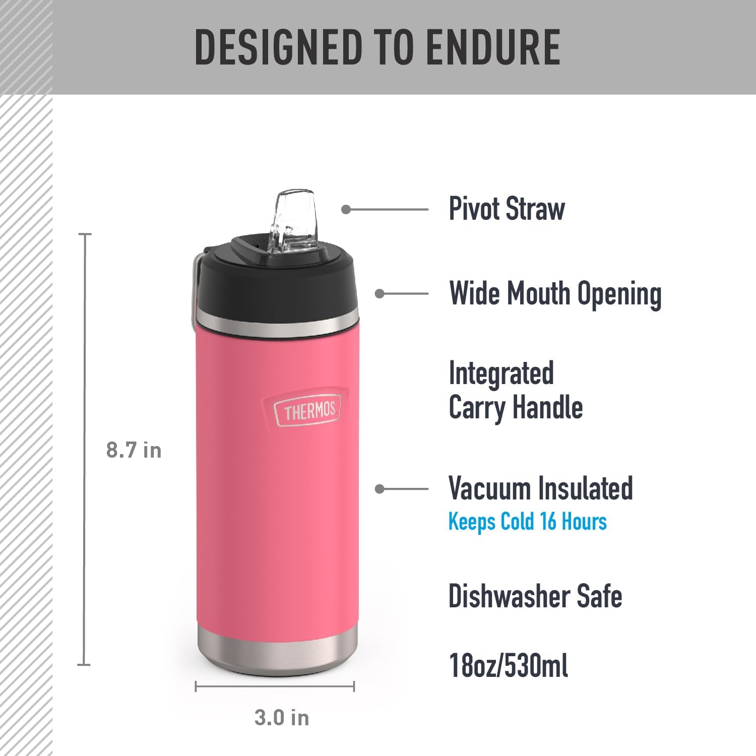 THERMOS ICON SERIES, Insulated Water Bottle with Straw Lid - 18 Ounce, Hot Pink - Stainless Steel Vacuum Insulated Water Bottle with Straw Lid - Image 2