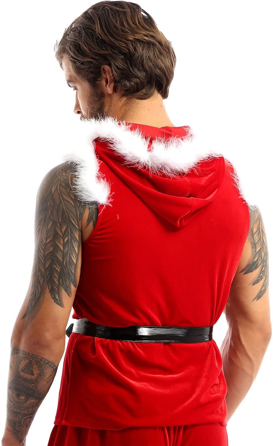 Men's Sexy Santa Outfit Christmas Costume Set Velvet Hooded Coat Vest Top with Shorts