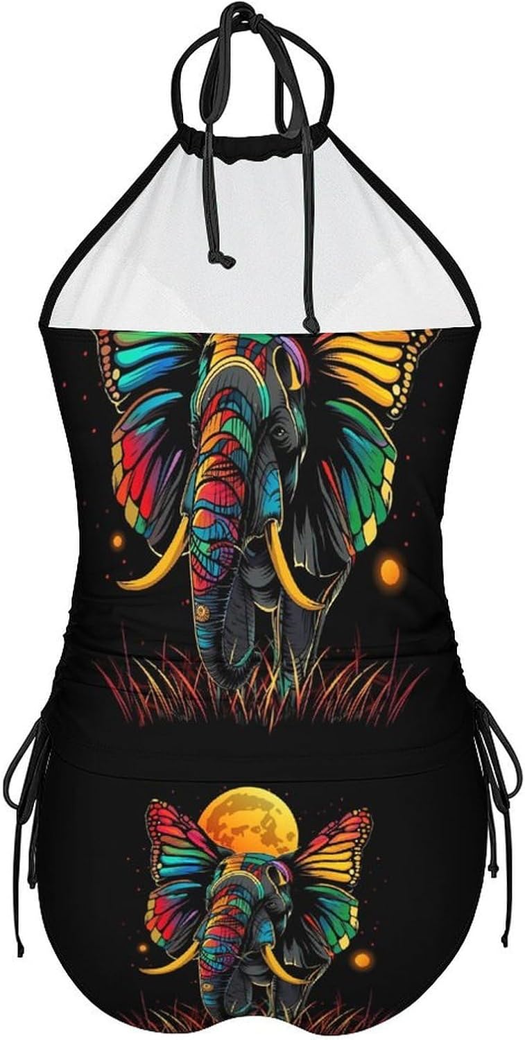 Elephant with Butterfly Ears Moon Women's Tankini Swimsuit Two Piece Tummy Control Bathing Suits Tie String Swimwear