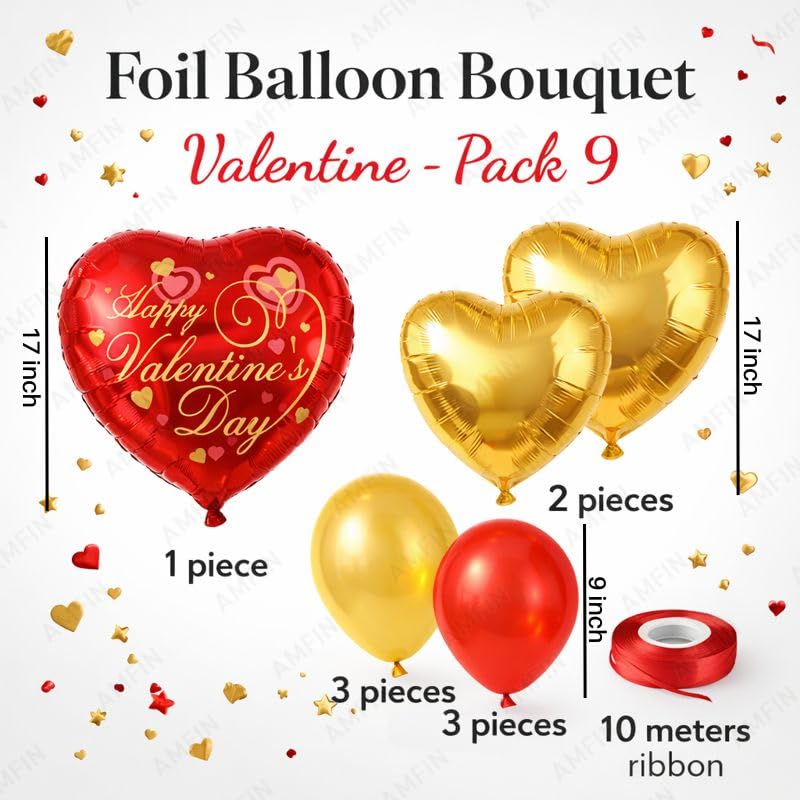 Image of AMFIN (Pack of 9) Happy Valentine's Day Balloon Decoration Set | Romantic Heart Foil Bouquet Metallic Helium Bunch Proposal Anniversary Celebration Party Decor - Red Mehroon