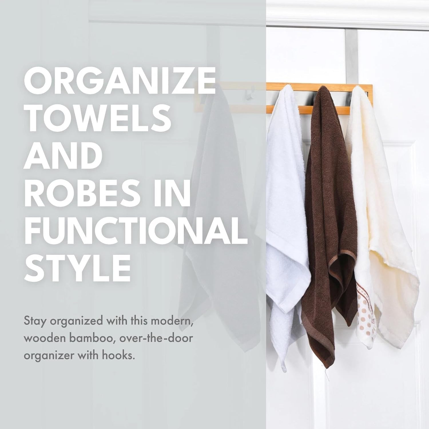 Over The Door Bamboo Wooden Hanger 5 Stainless Steel Hooks Bathroom Clothes Rack