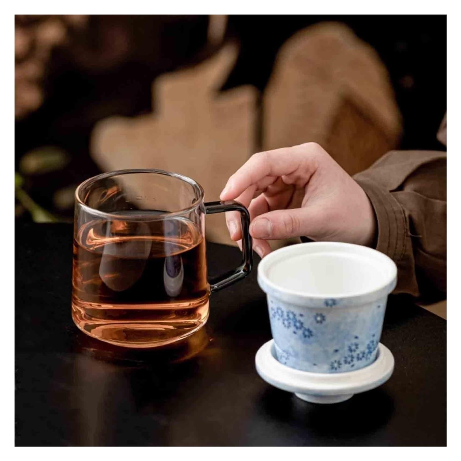Tasses en verre Tasse à thé en verre avec infuseur et couvercle en céramique, 15,7 oz
