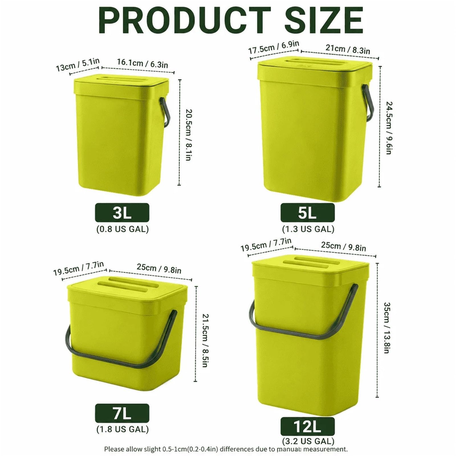 Cubo Basura Plegable Bote de basura abono interior colgante con tapa | Restos de comida sin olores sellados con plástico(12L,Green)