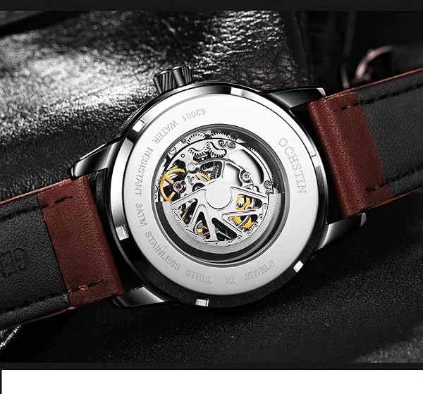 W WOLF-CUB Mens Automatic Watches Classic Royal Skeleton Steampunk Mechanical Wristwatch with Waterproof Genuine Leather Strap, Fashion Male Clock Gifts for Him (Brown&White) - 5