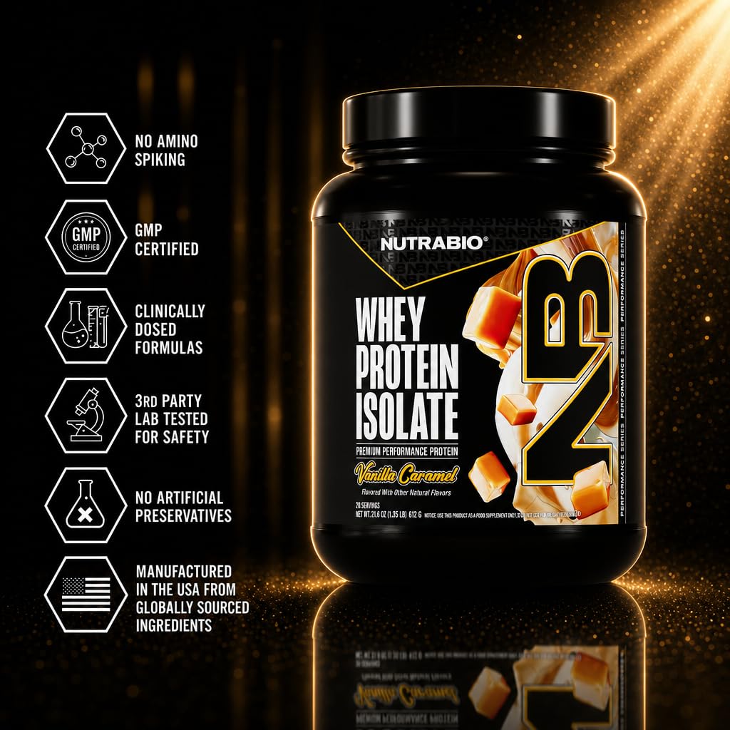 NutraBio 100% Whey Protein Isolate Protein Powder, 25g Protein with Complete Amino Acid Profile, Non-GMO, Soy & Gluten Free, Low Carb, Low Calorie Whey Protein Powder, Vanilla Caramel, 20 Servings — Amazon image 7