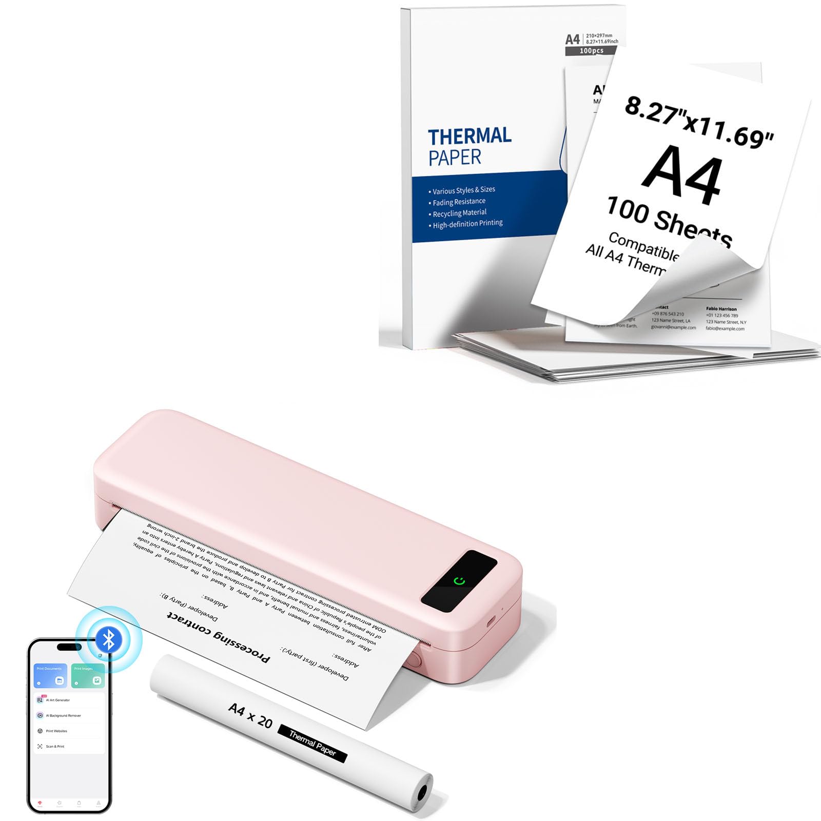 TATTMUSE Imprimante A285M Rose et 100 Feuilles de Papier Thermique A4