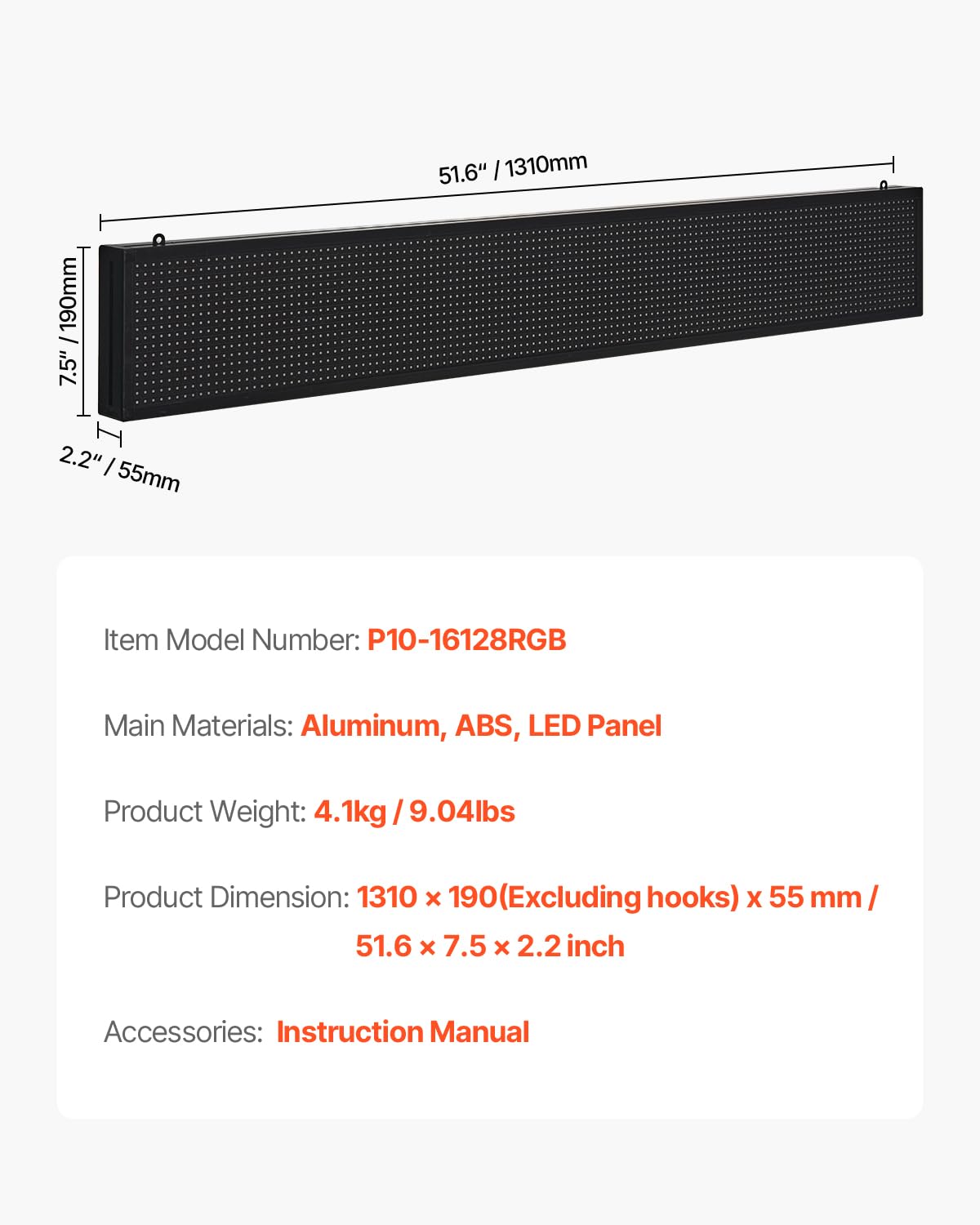 VEVOR Letrero LED Programable 131 x 19 cm Panel Digital Flexible Desplazable a Todo Color Tablero de Visualización con Patrón de Texto Personalizado Control de Aplicación Bluetooth para Publicidad