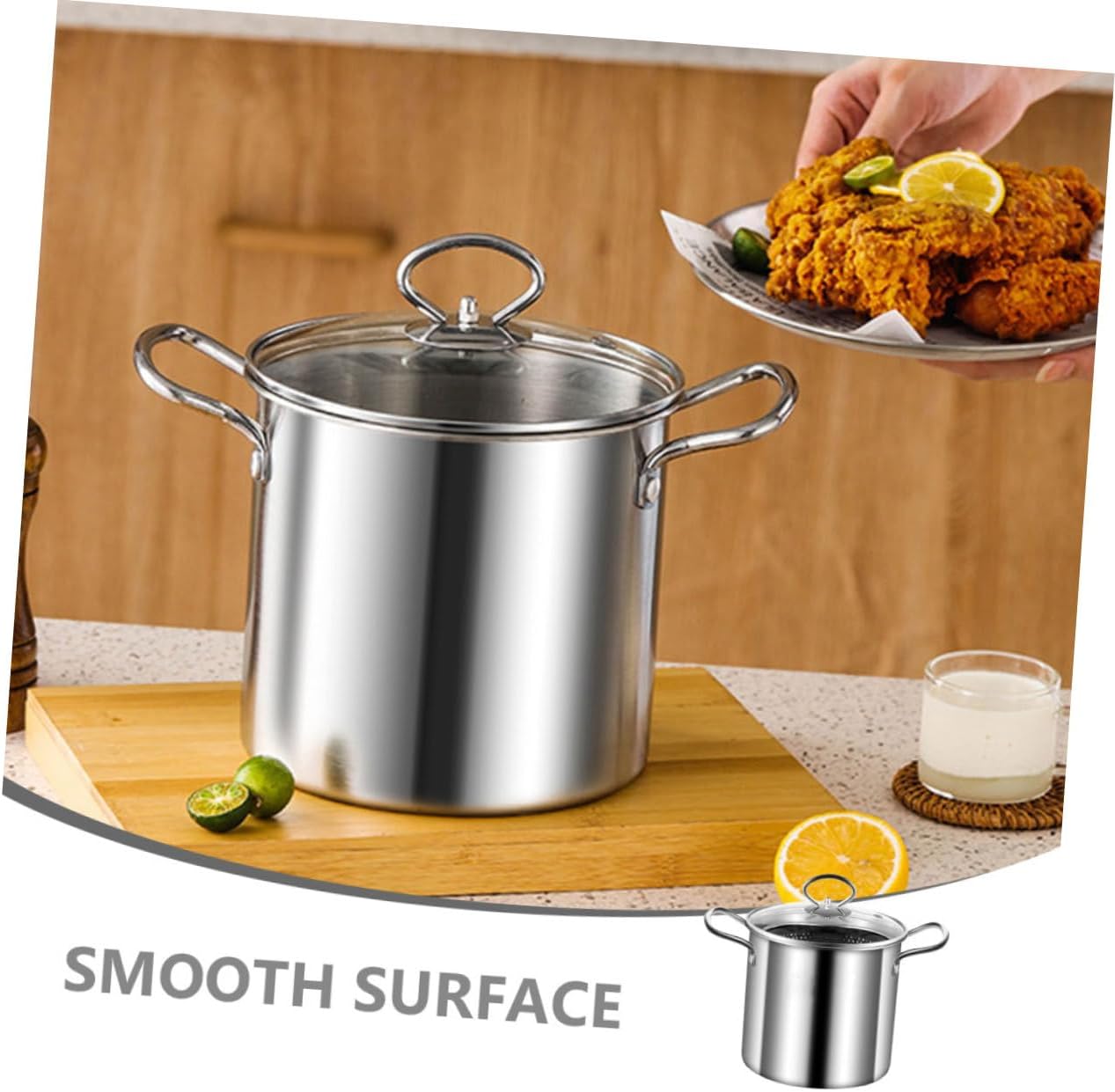 VOSAREA Stainless Pan Deep Fryer Pot Frying Basket Handle Steel Cooking Pot Lids for Non Stick Pans