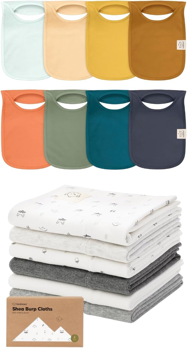 KeaBabies 8-Pack Baby Bibs for Boys, Girls and 6-Pack Baby Burp Cloths for Baby Boys and Girls - Pull-on Drool Catcher, Bandana Bibs, Drooling And Teething - Large Burp Cloths, Burping Cloths
