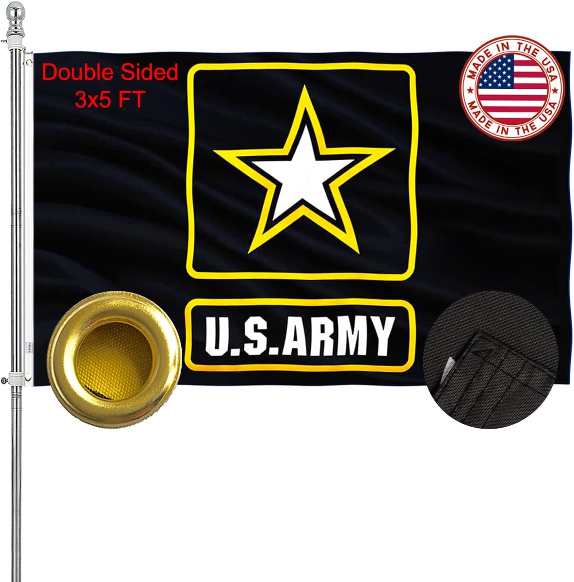 US Army Military Flag 3x5 Outdoor Double Sided Made in USA - Heavy Duty Vivid Color American United States Army Star Black Flags with 2 Brass Grommet